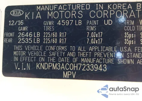 2017 Kia Sportage Lx z USA, uszkodzony, nr VIN KNDPM3AC0H7233943